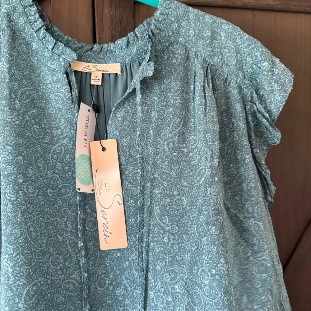 Teal Flutter Sleeve Ruffled Blouse and Tie Front - Picture 2 of 8